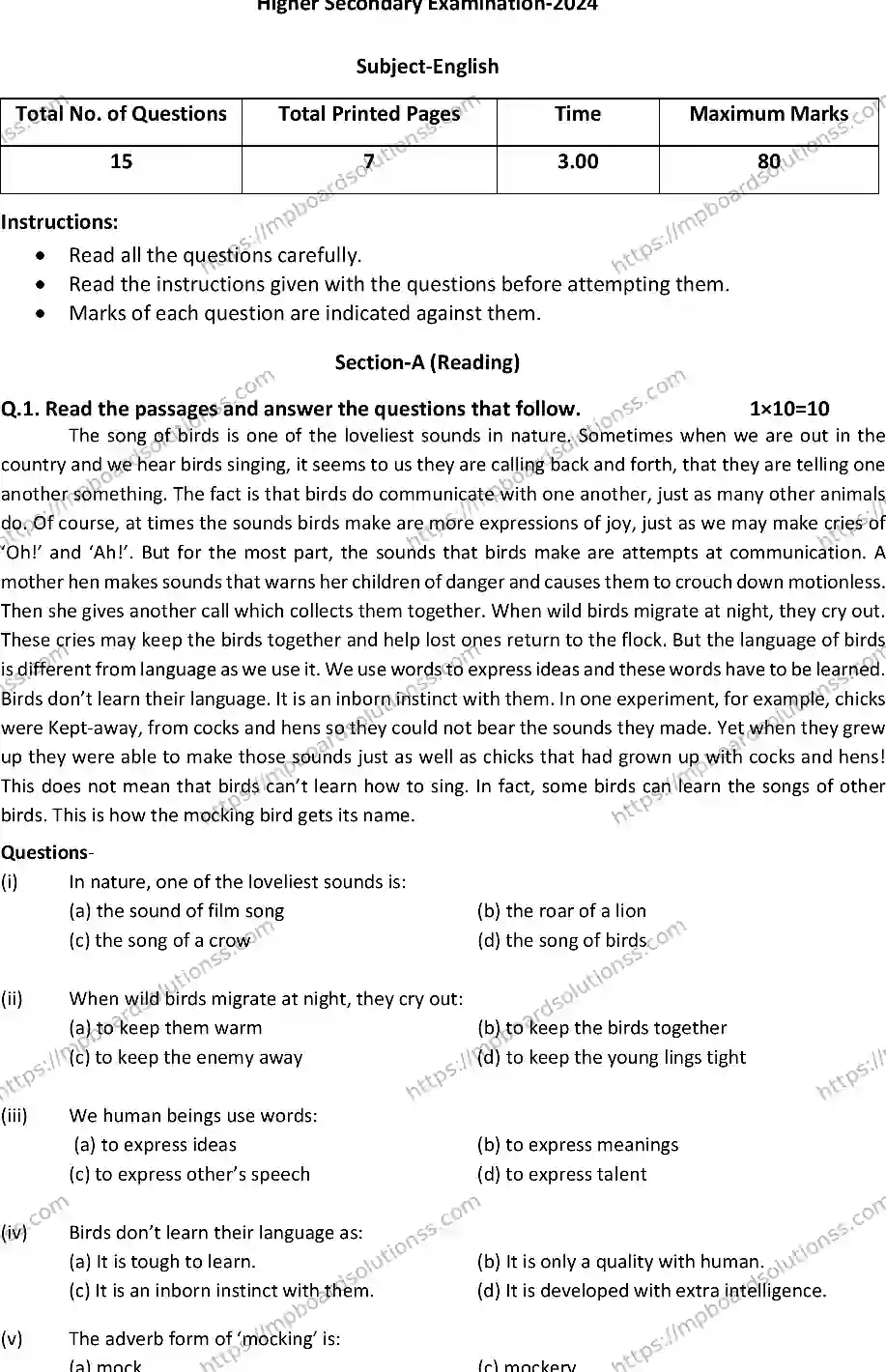 MP Board Class 12 ENGLISH-SET-A 2024 Sample Paper Image 1