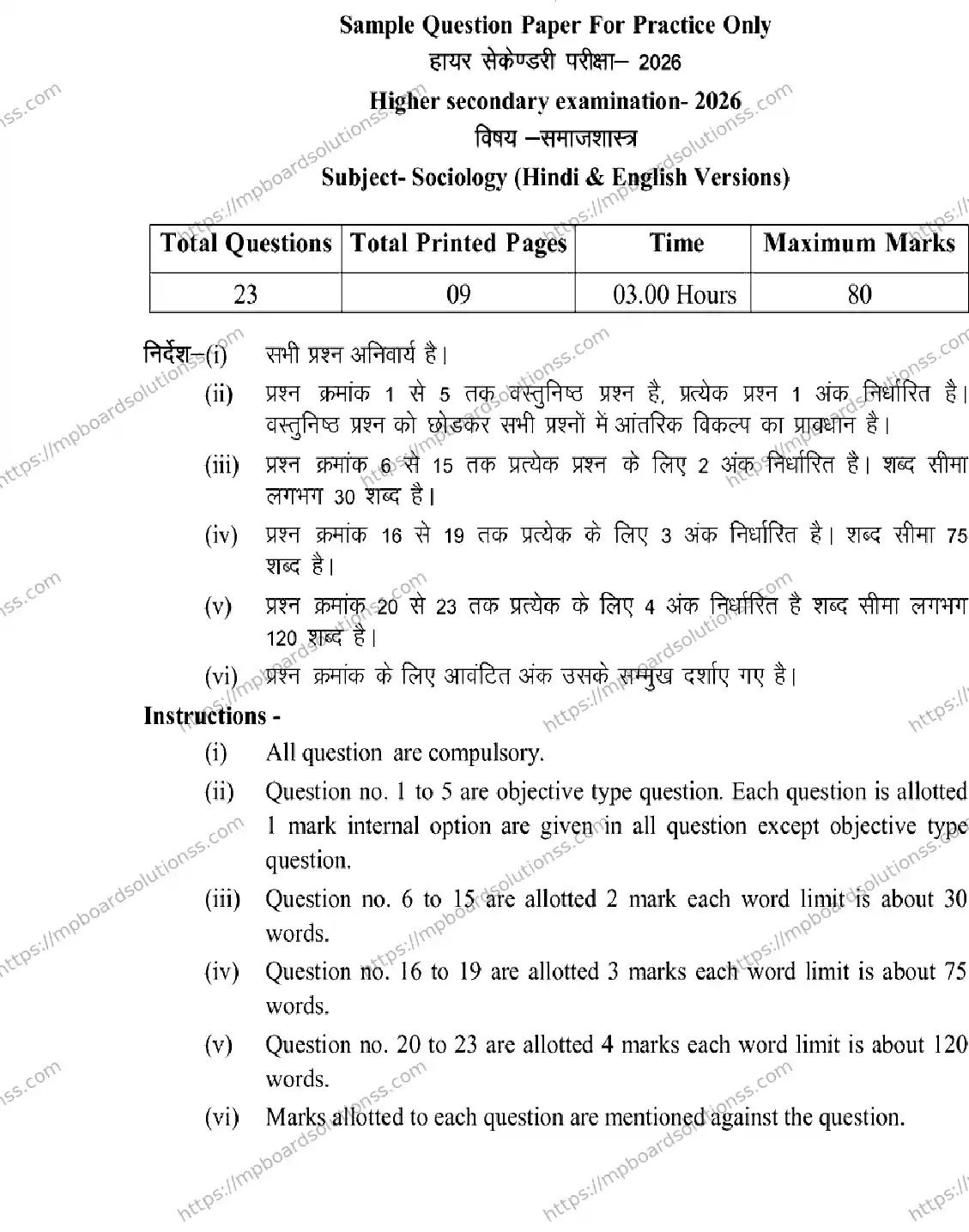 MP Board Class 12 Sociology 2026 Sample Paper Image 1