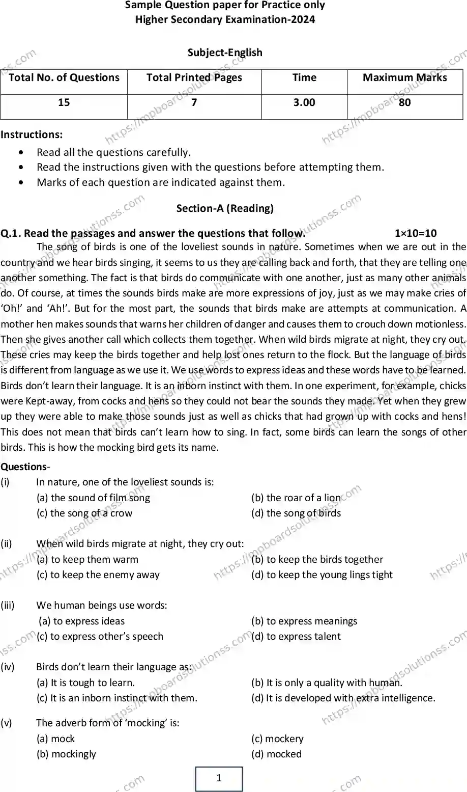MP Board Class 12 English 2024 Sample Paper Image 1