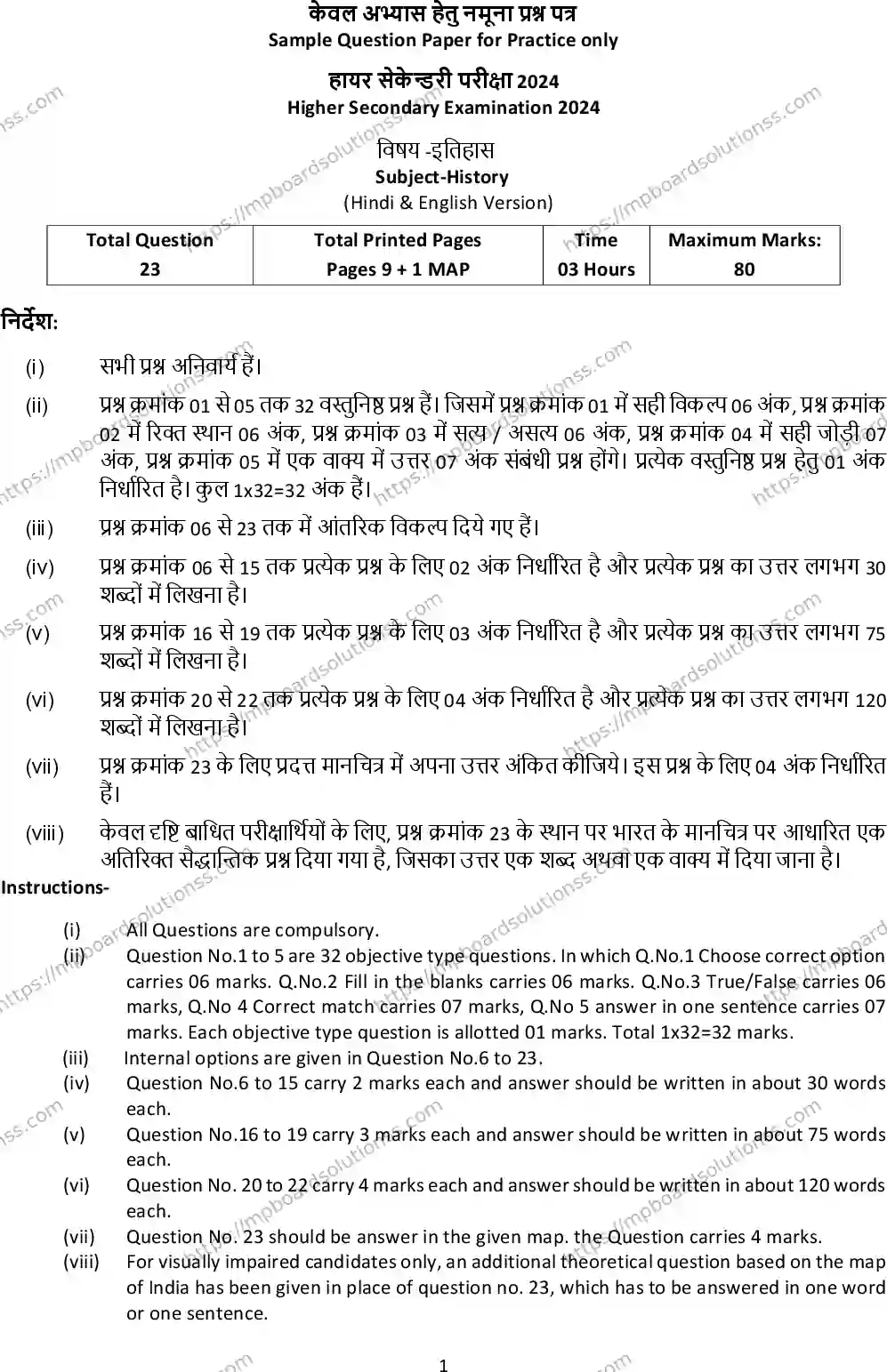 MP Board Class 12 History 2024 Sample Paper Image 1