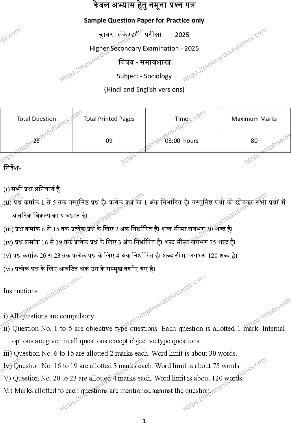 MP Board Class 12 Sociology 2025 Sample Paper Image 1