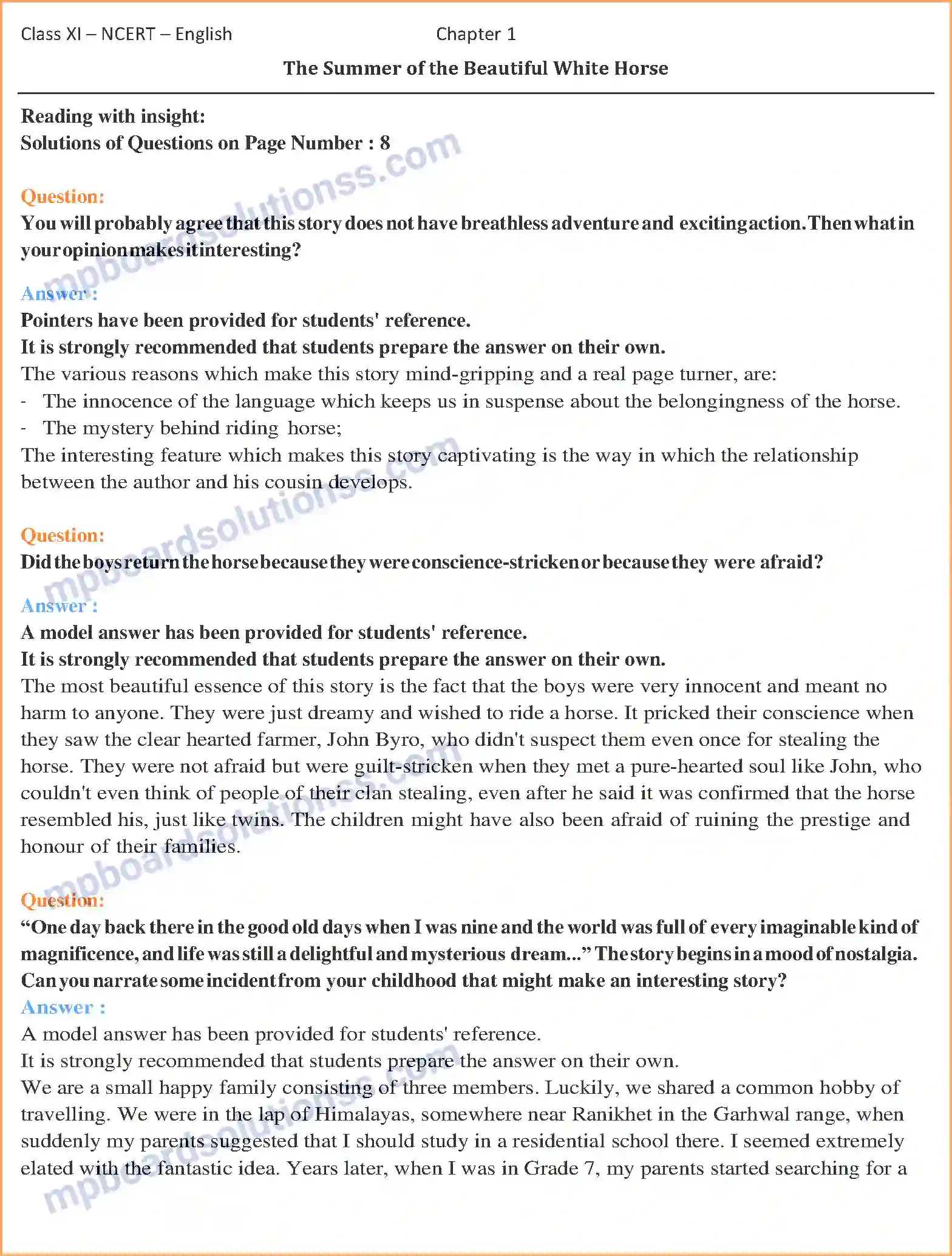 MP Board Book for Class 11 English The Summer of the Beautiful White Horse Image 1