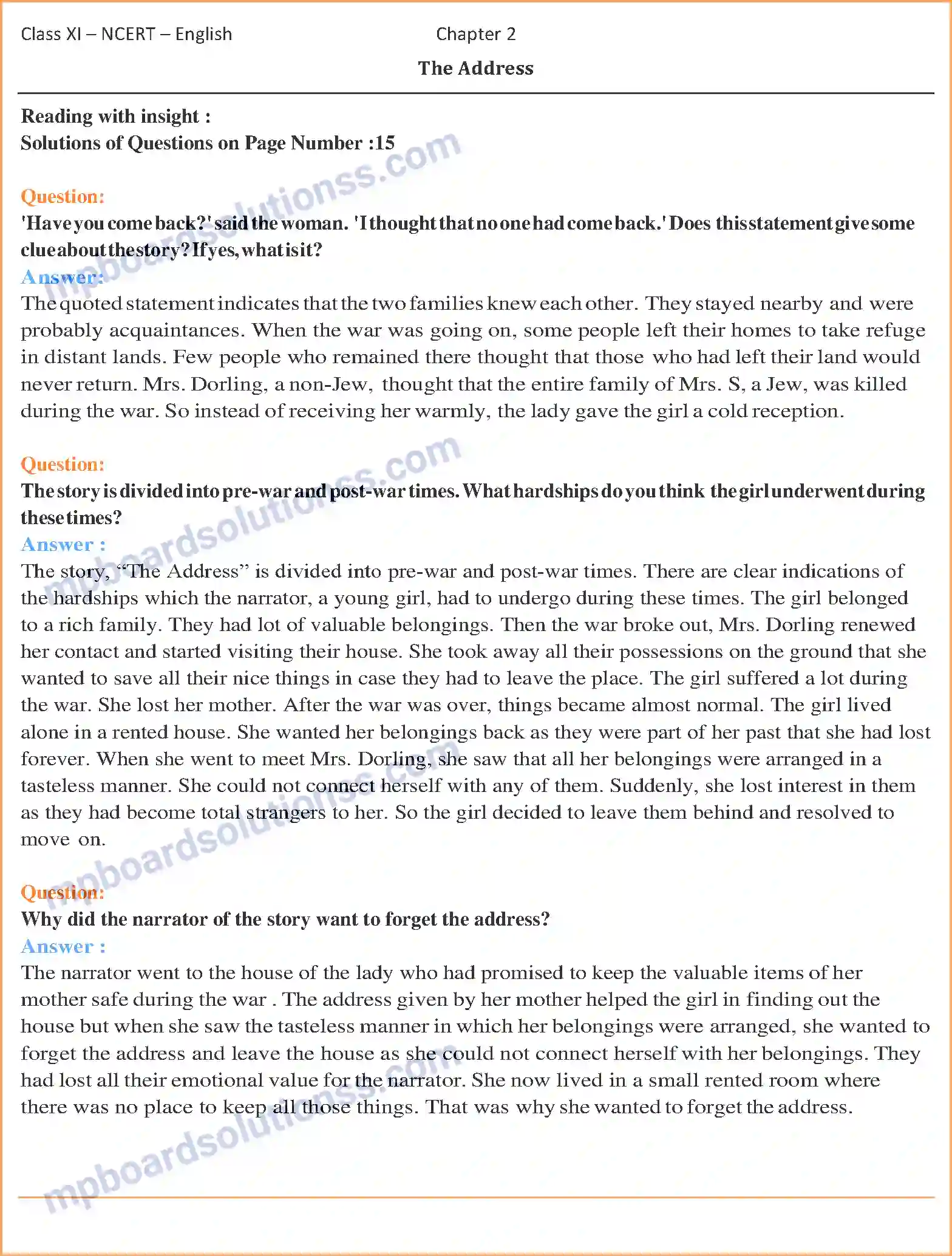 MP Board Book for Class 11 English The Address Image 1