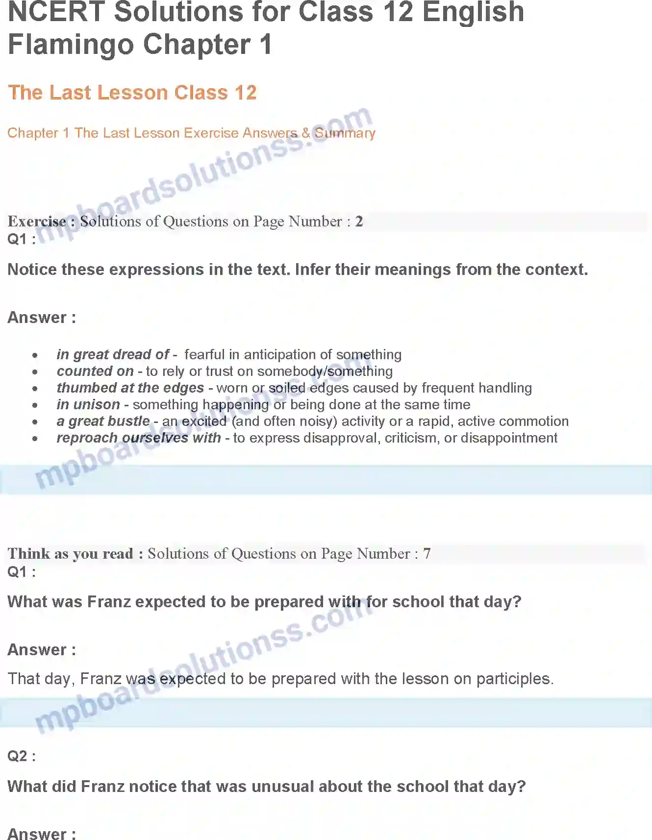 MP Board Book for Class 12 English The Last Lesson Image 1