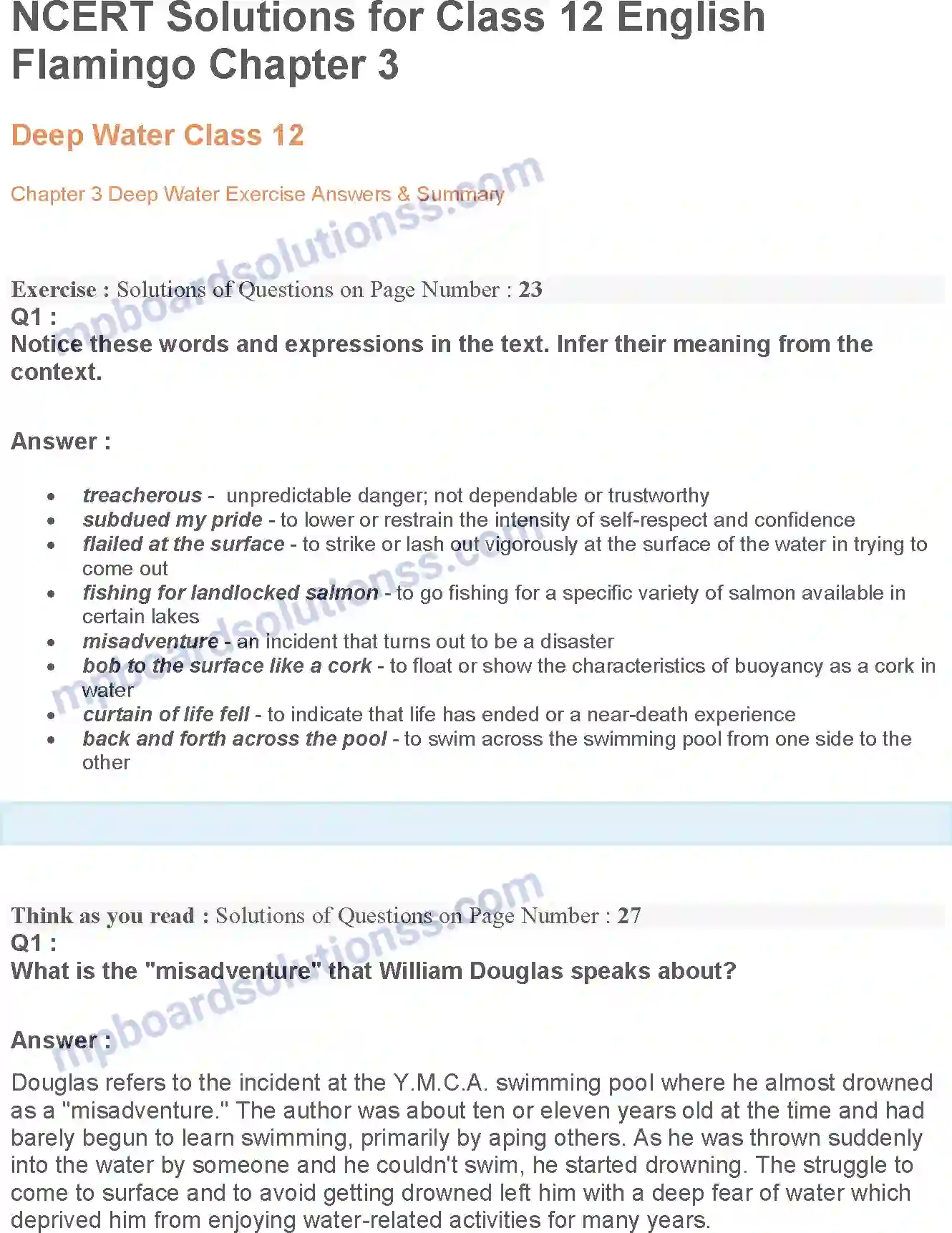 MP Board Book for Class 12 English Deep Water Image 1