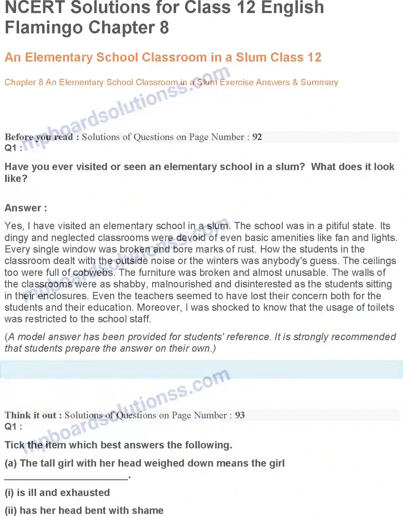 MP Board Book for Class 12 English An Elementary School Classroom in a Slum Image 1