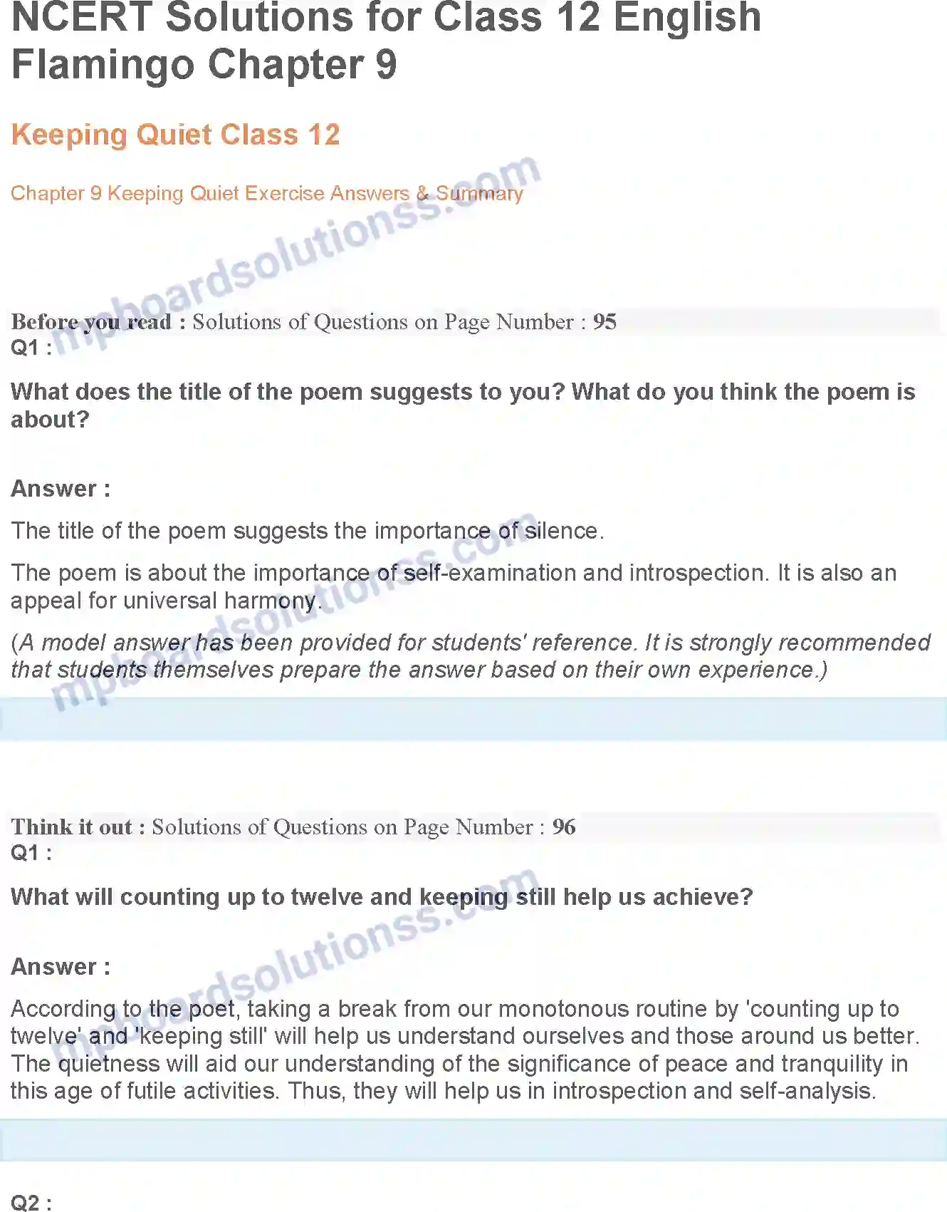MP Board Book for Class 12 English Keeping Quiet Image 1