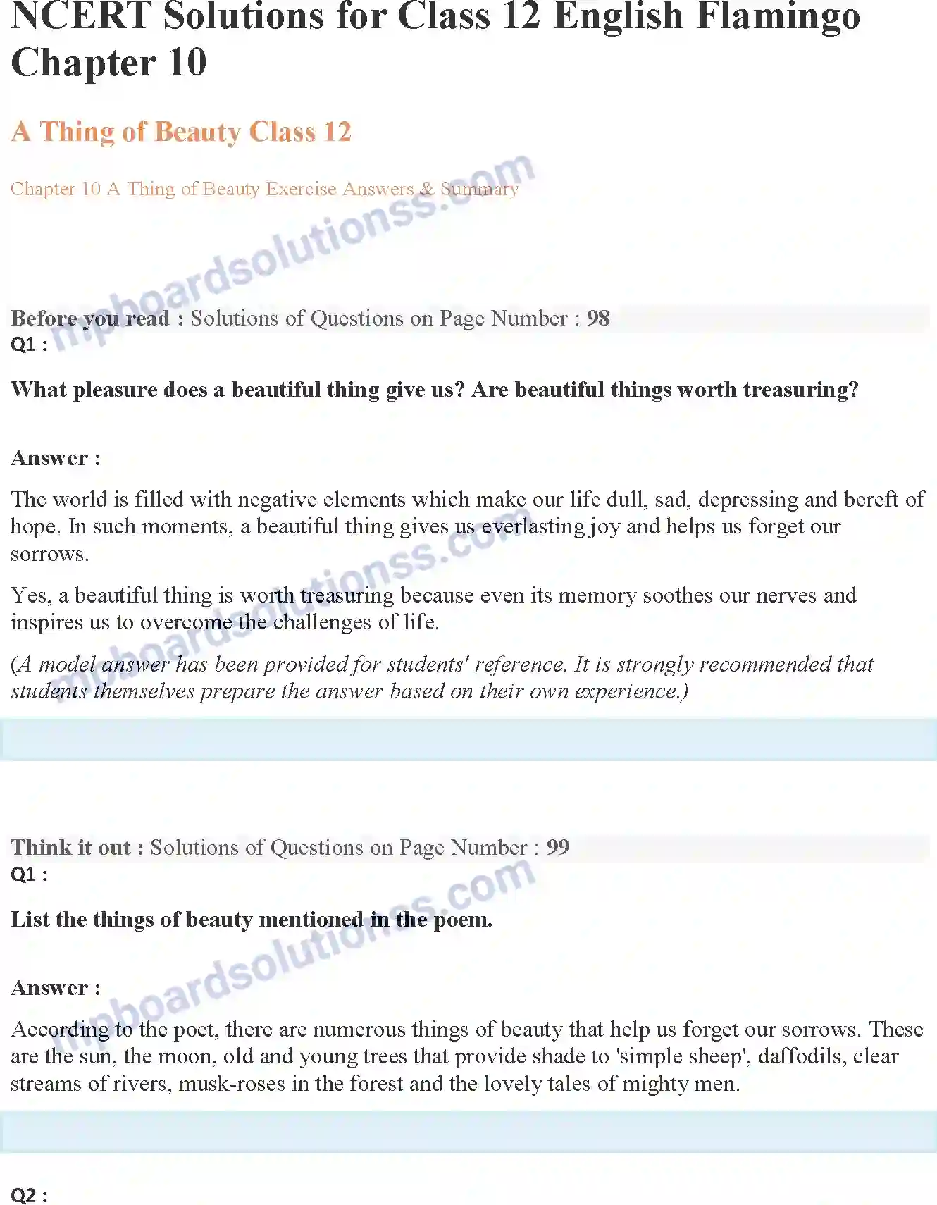 MP Board Book for Class 12 English A Thing of Beauty Image 1