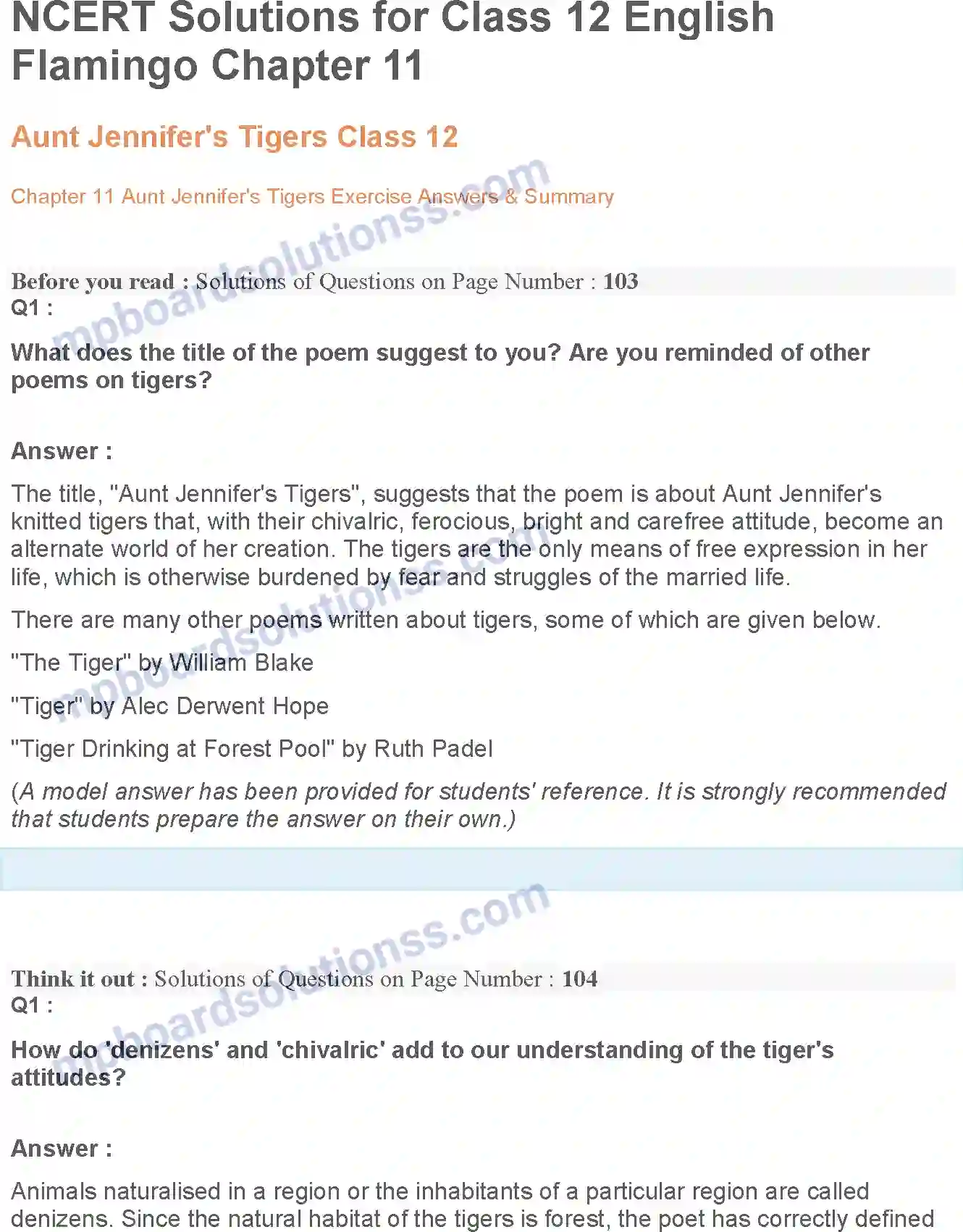 MP Board Book for Class 12 English Aunt Jennifer’s Tigers Image 1
