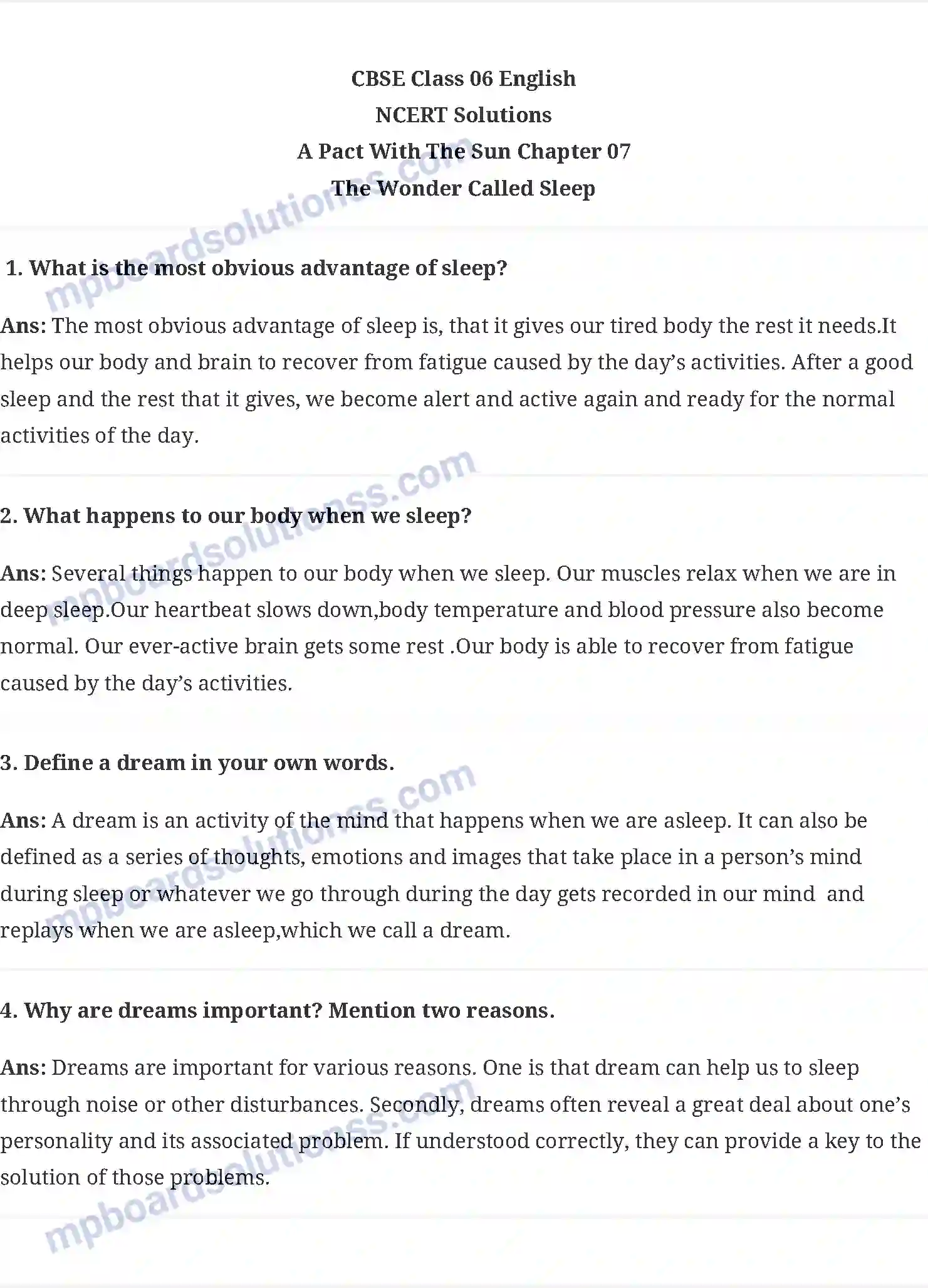 MP Board Book for Class 6 English The Wonder Called Sleep Image 1