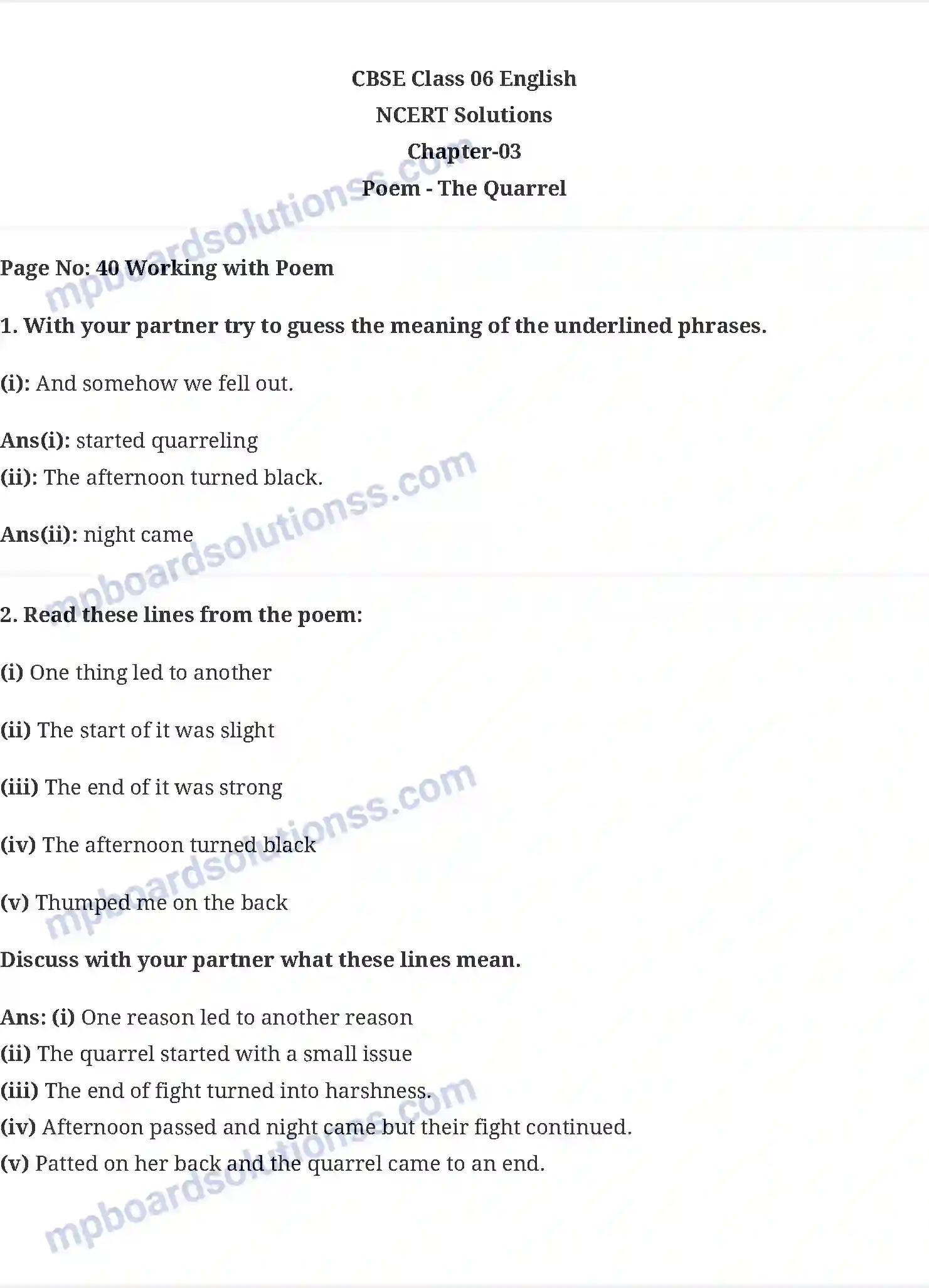 MP Board Book for Class 6 English The Quarrel (Poem) Image 1