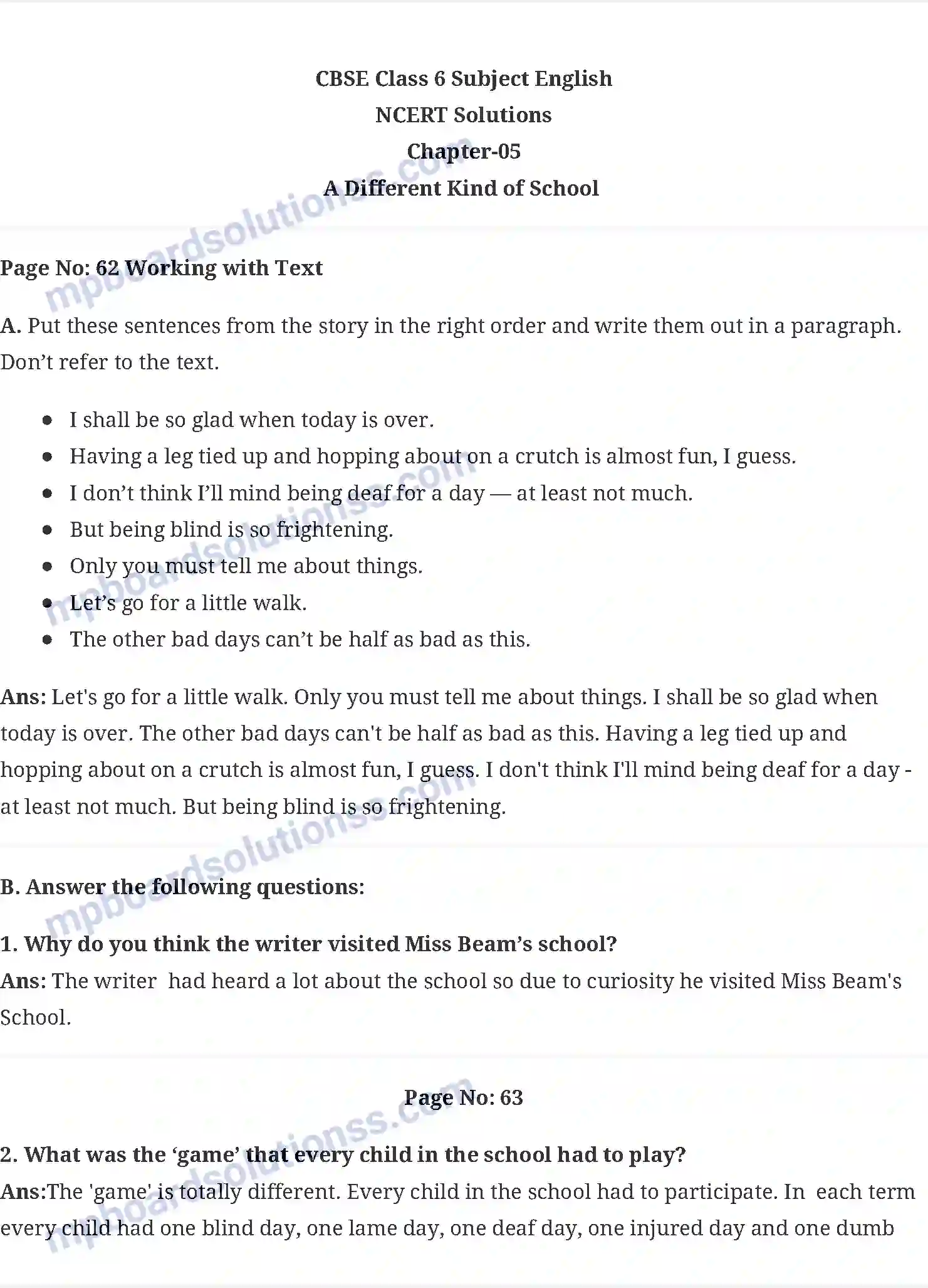 MP Board Book for Class 6 English A Different Kind of School Image 1