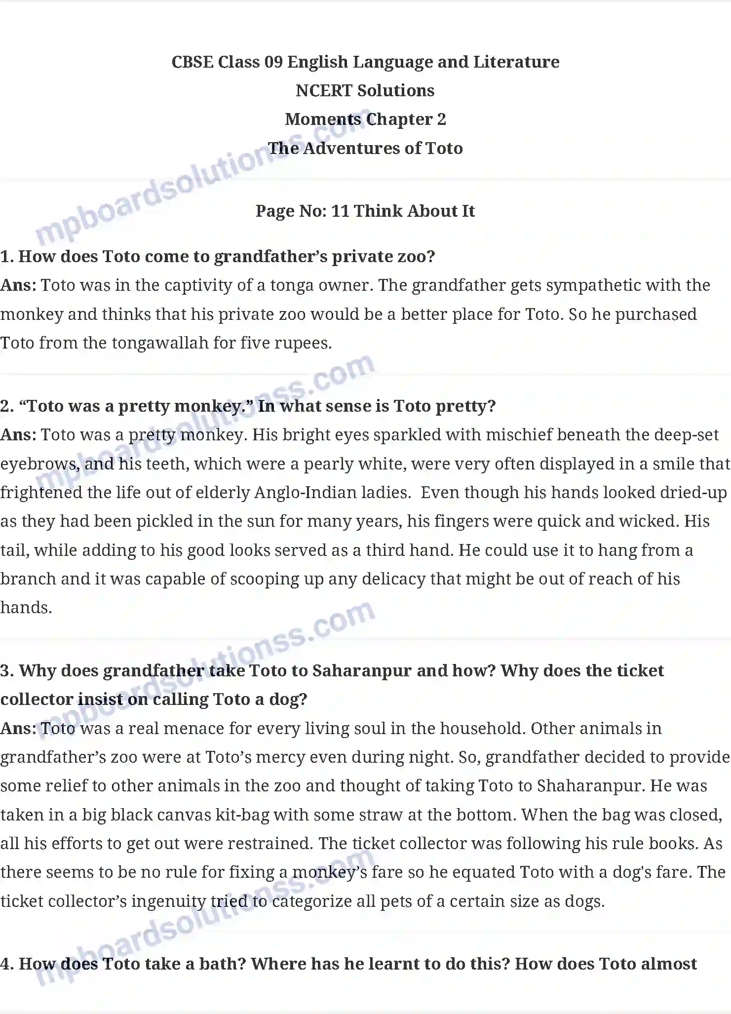 MP Board Book for Class 9 English The Adventure Of Toto Image 1