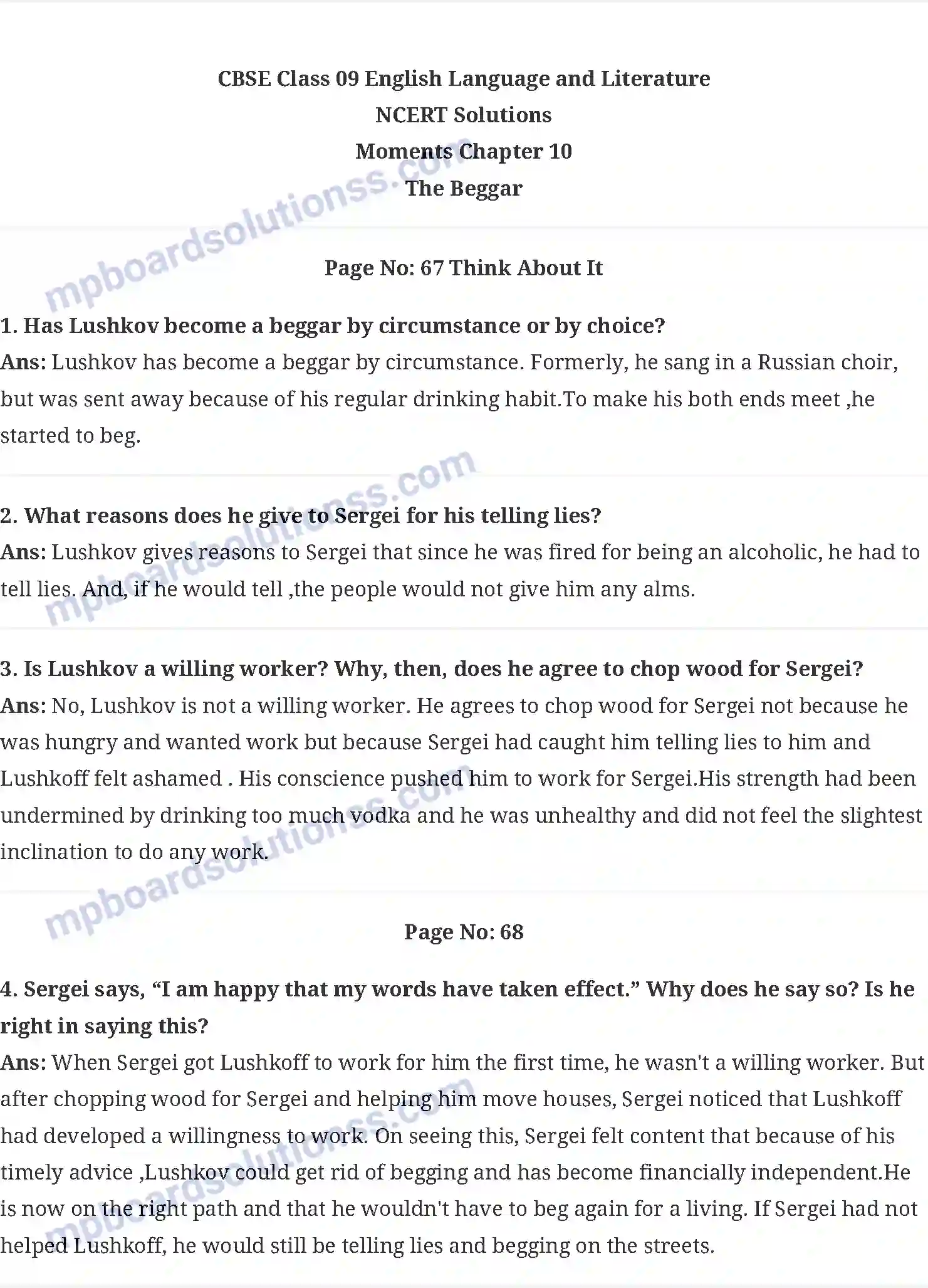 MP Board Book for Class 9 English The Beggar Image 1