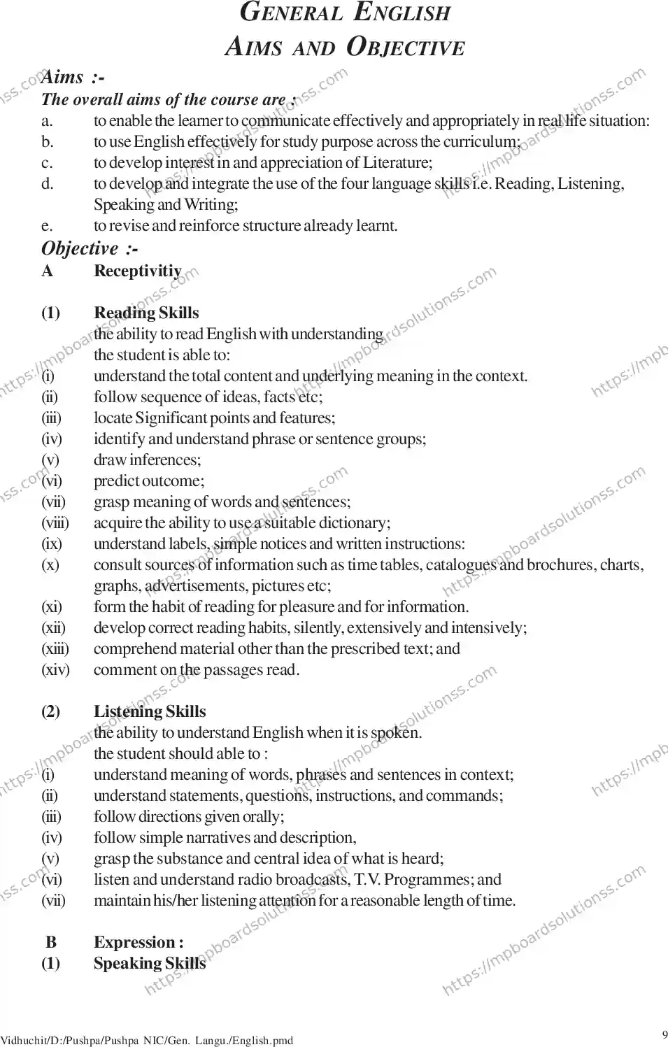 MP Board Class 10 General English 2020-21 Syllabus Image 1
