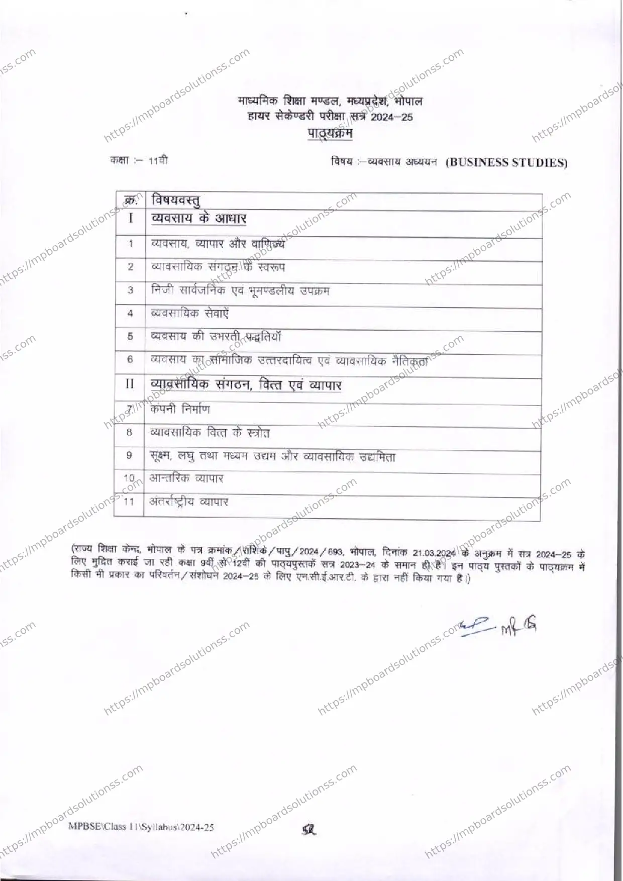 MP Board Class 11 Business Studies 2024-25 Syllabus Image 2