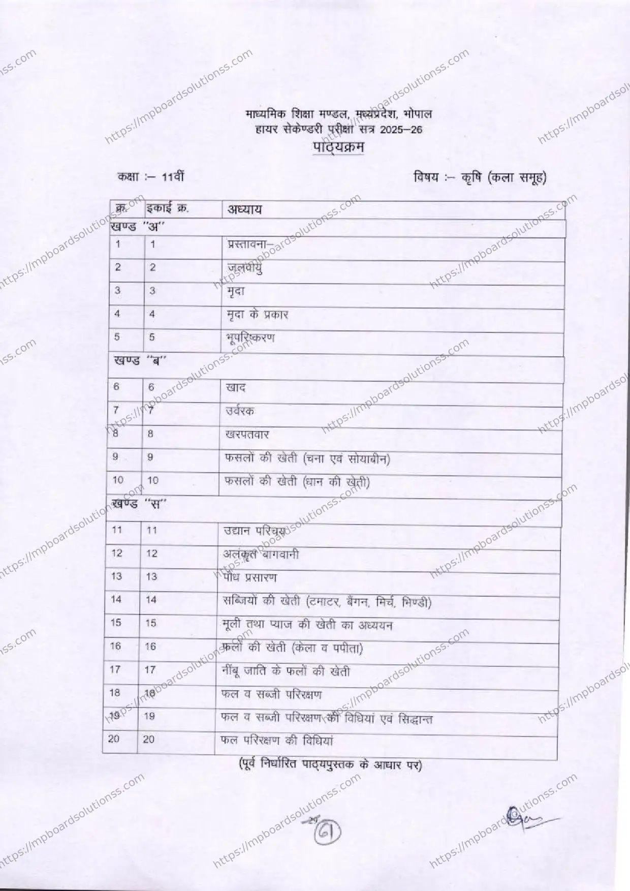 MP Board Class 11 Agriculture (Art Group) 2025-26 Syllabus Image 1