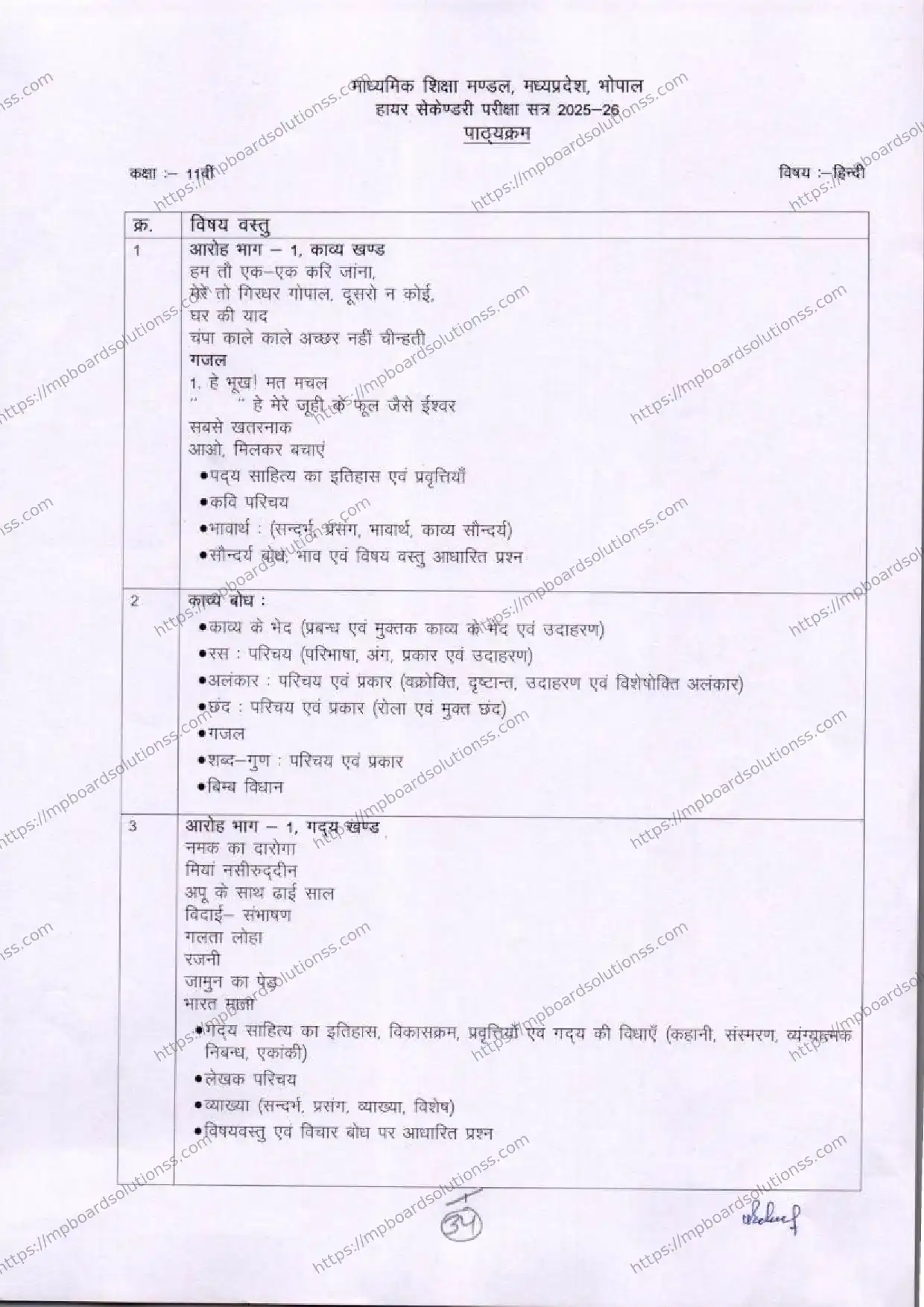 MP Board Class 11 Hindi 2025-26 Syllabus Image 1