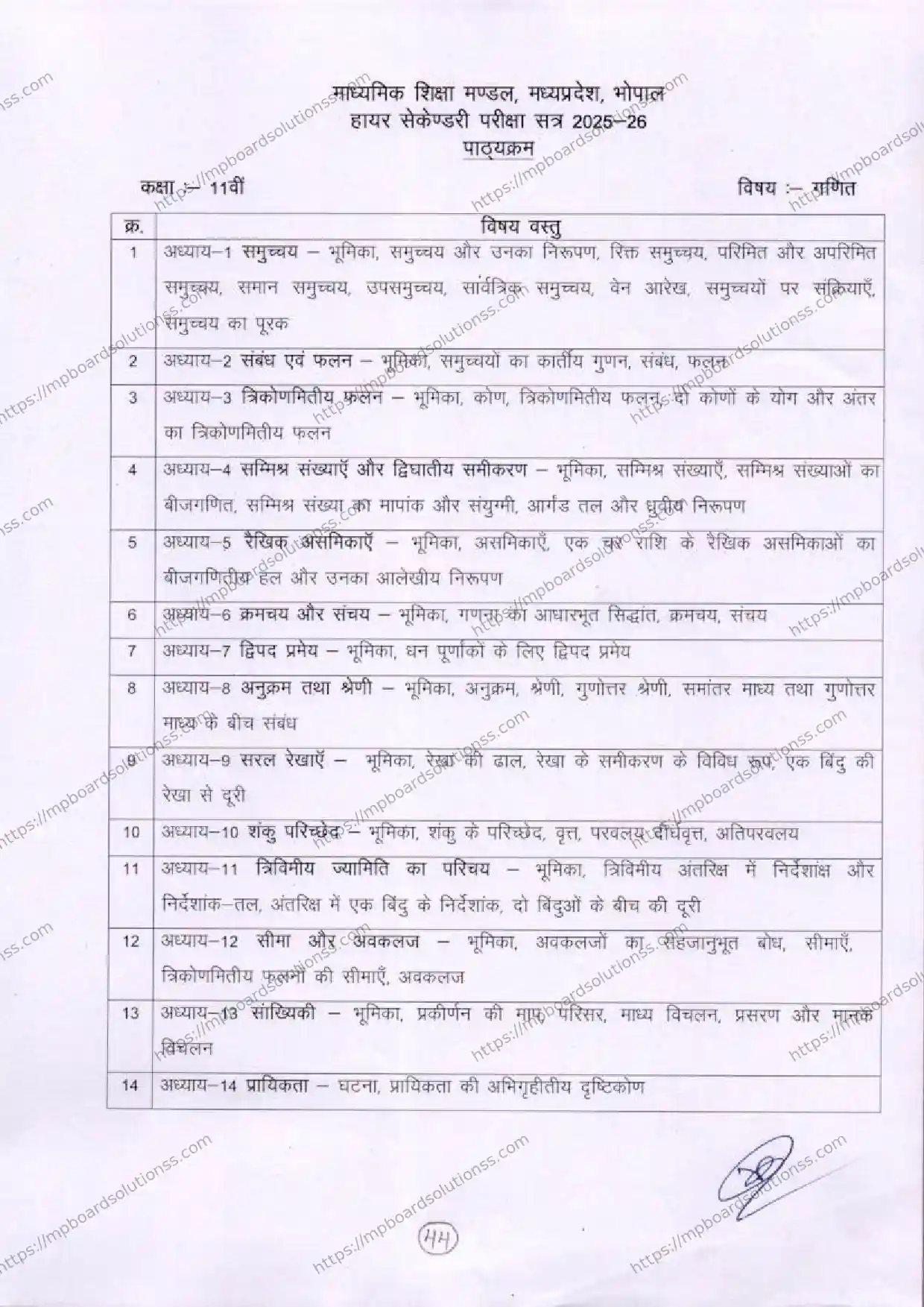 MP Board Class 11 Mathematics 2025-26 Syllabus Image 1