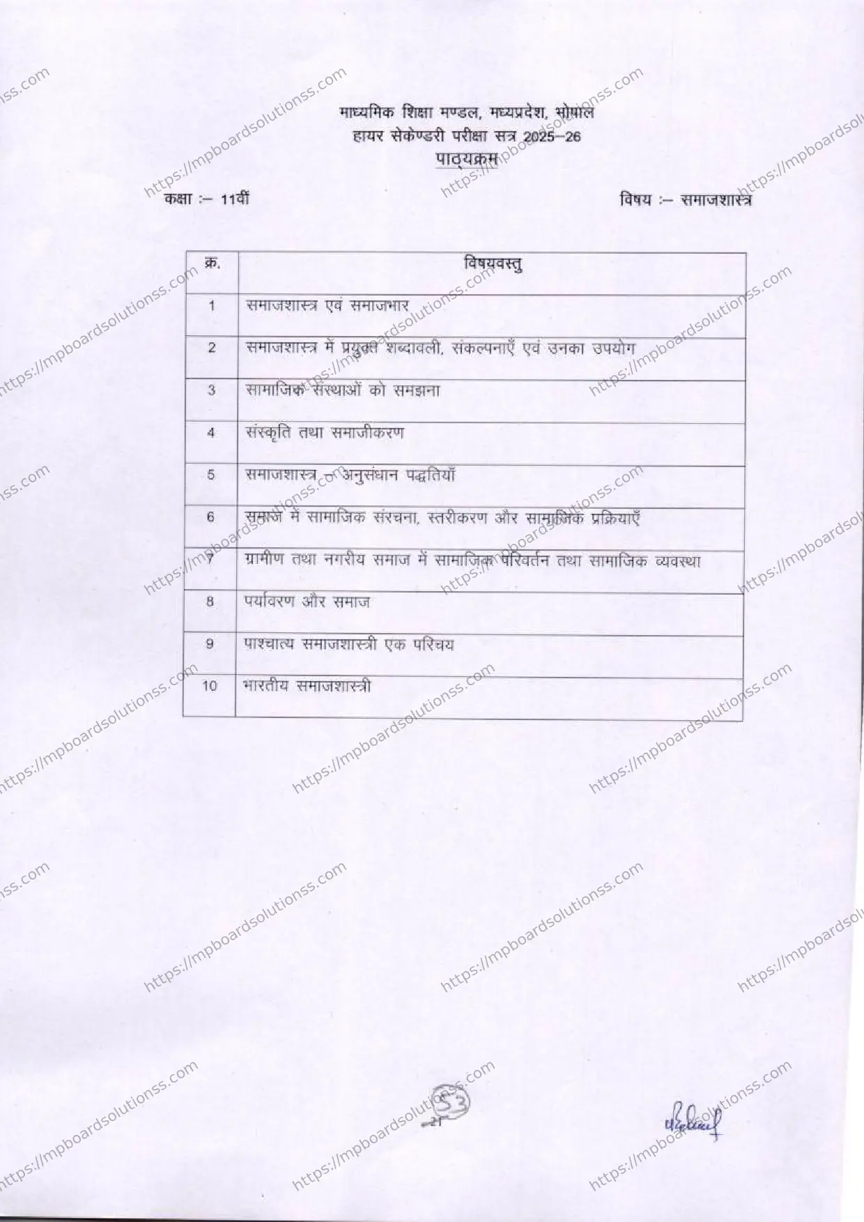 MP Board Class 11 Sociology 2025-26 Syllabus Image 1