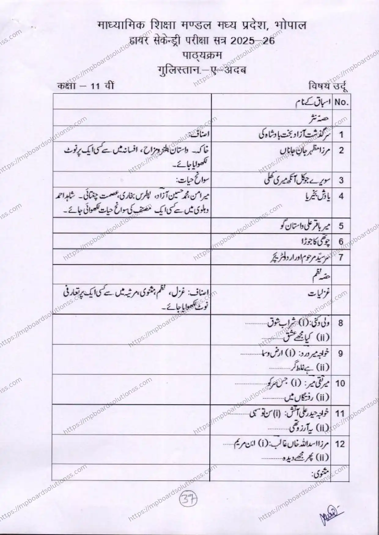 MP Board Class 11 Urdu 2025-26 Syllabus Image 1