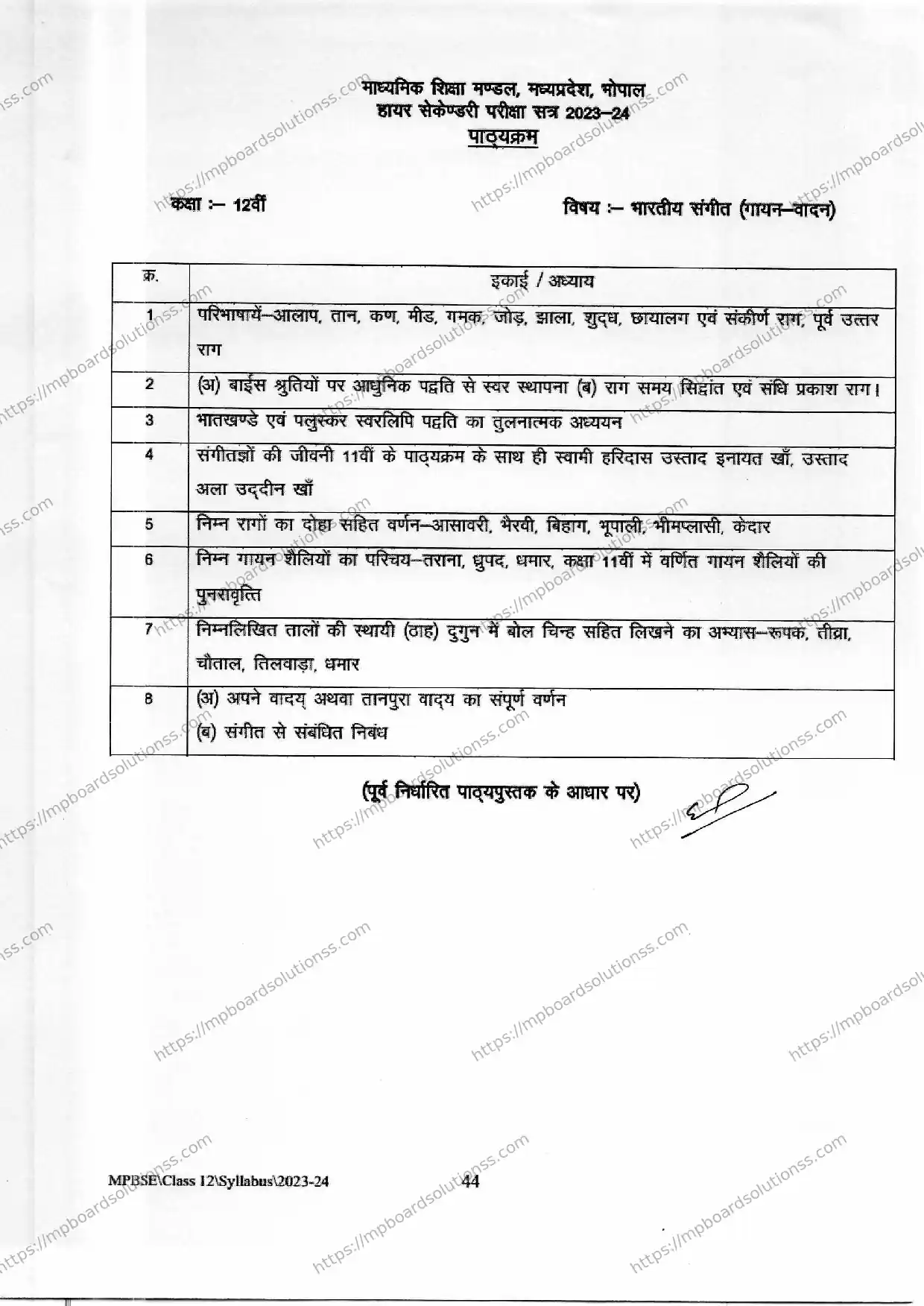 MP Board Class 12 Indian Music (Voca 2023-24 Syllabus Image 2