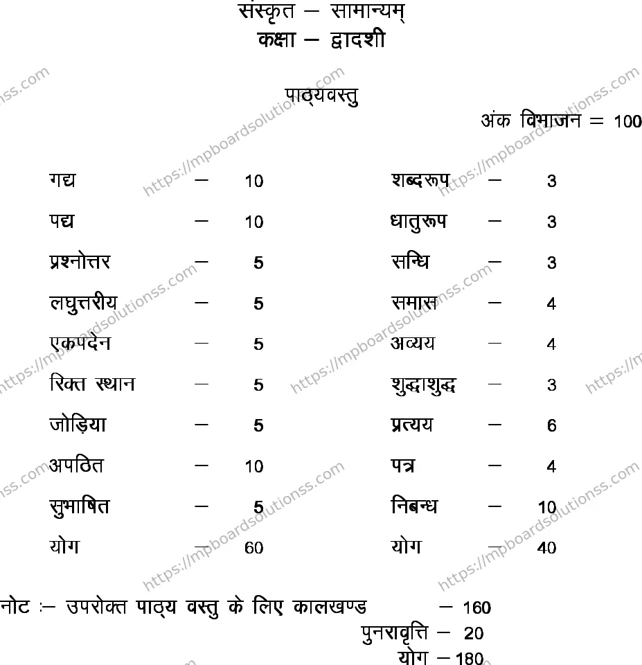 MP Board Class 12 General Sanskrit 2020-21 Syllabus Image 1