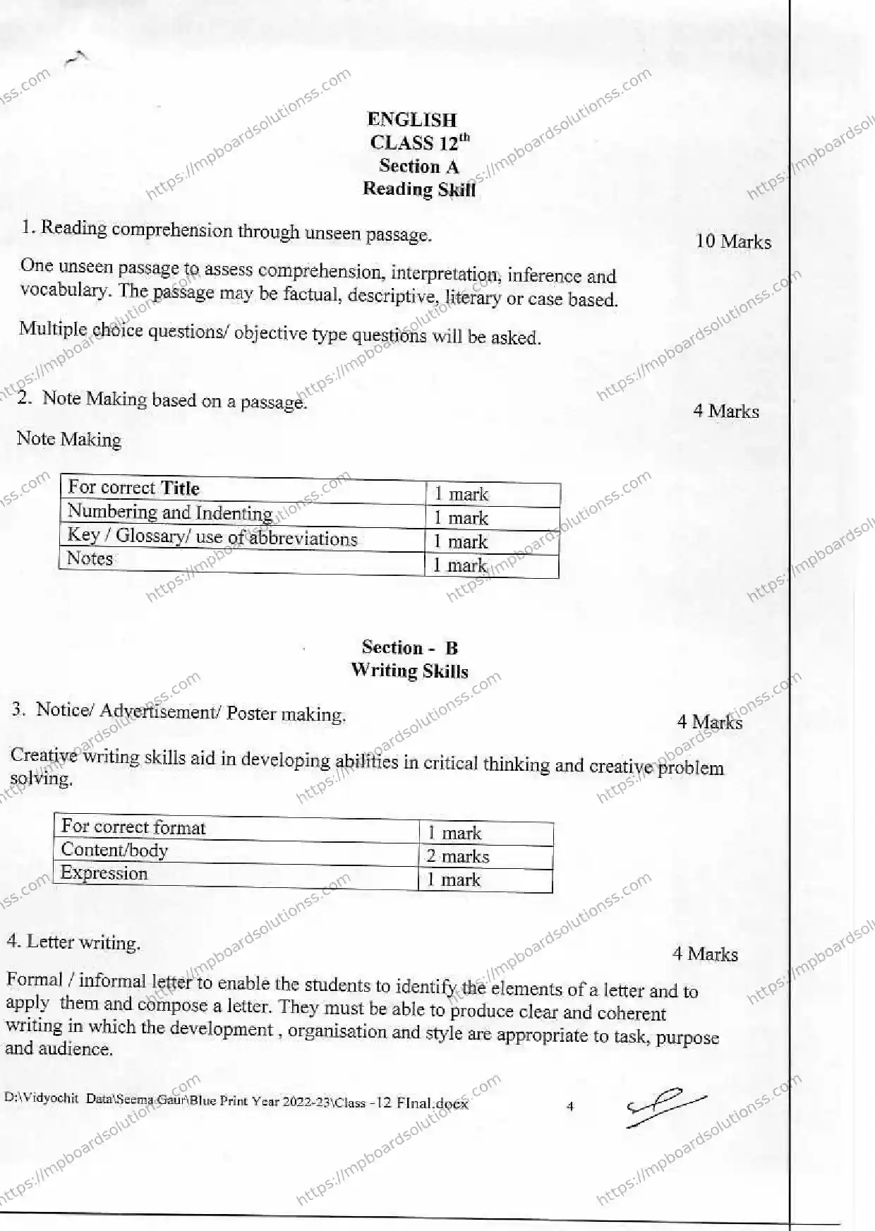 MP Board Class 12 अंग्रेजी 2022-23 Syllabus Image 1