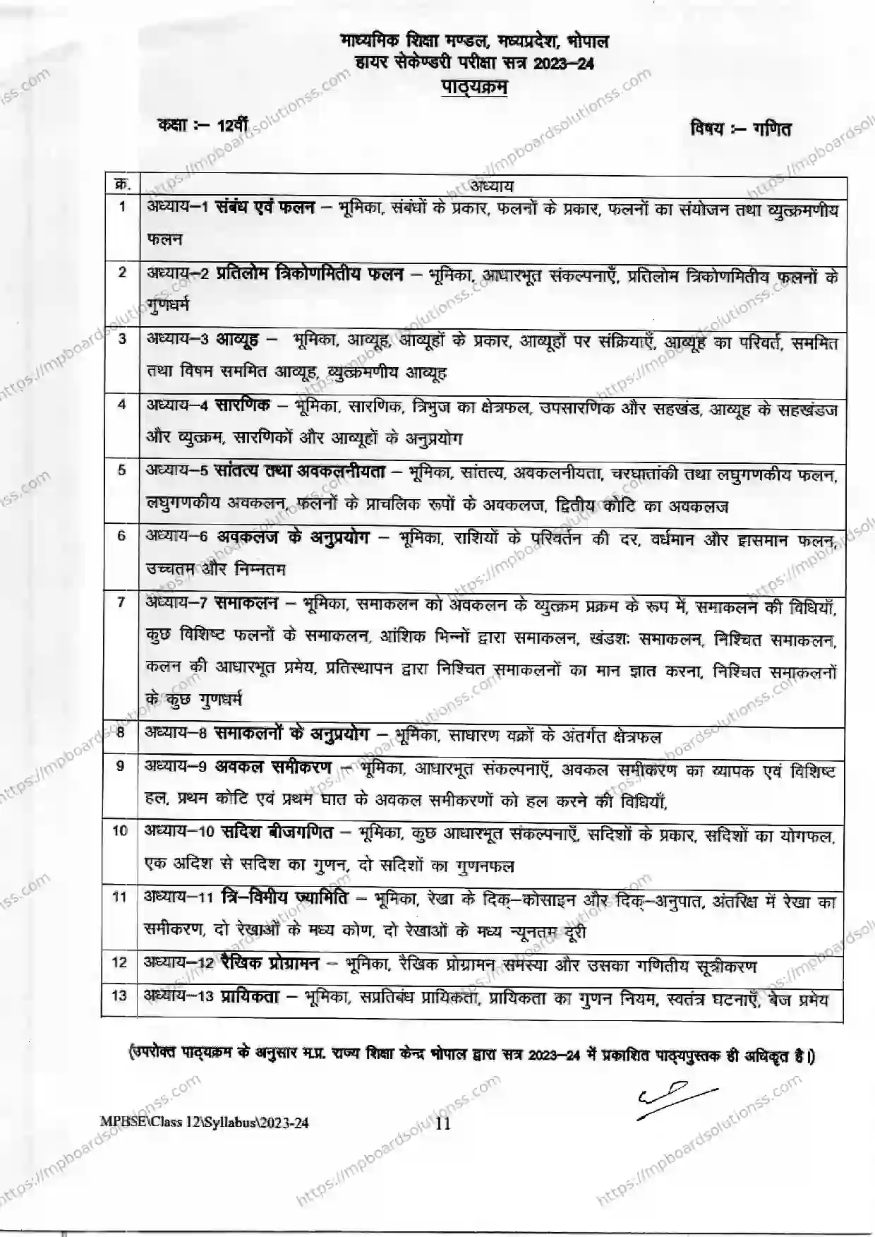 MP Board Class 12 Mathematics 2023-24 Syllabus Image 2