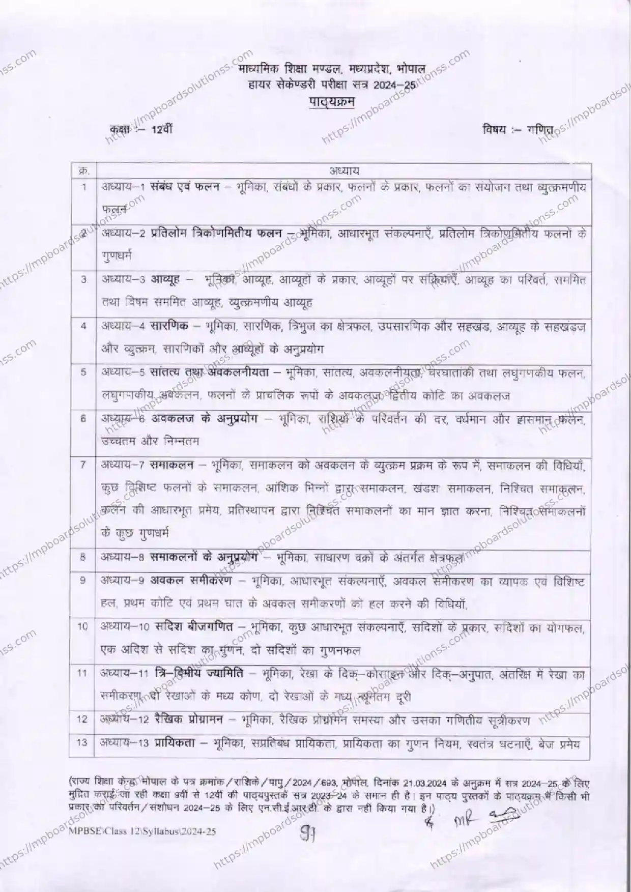 MP Board Class 12 Mathematics 2024-25 Syllabus Image 2