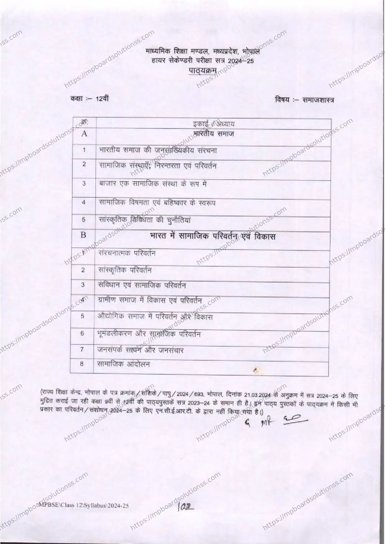 MP Board Class 12 Sociology 2024-25 Syllabus Image 2