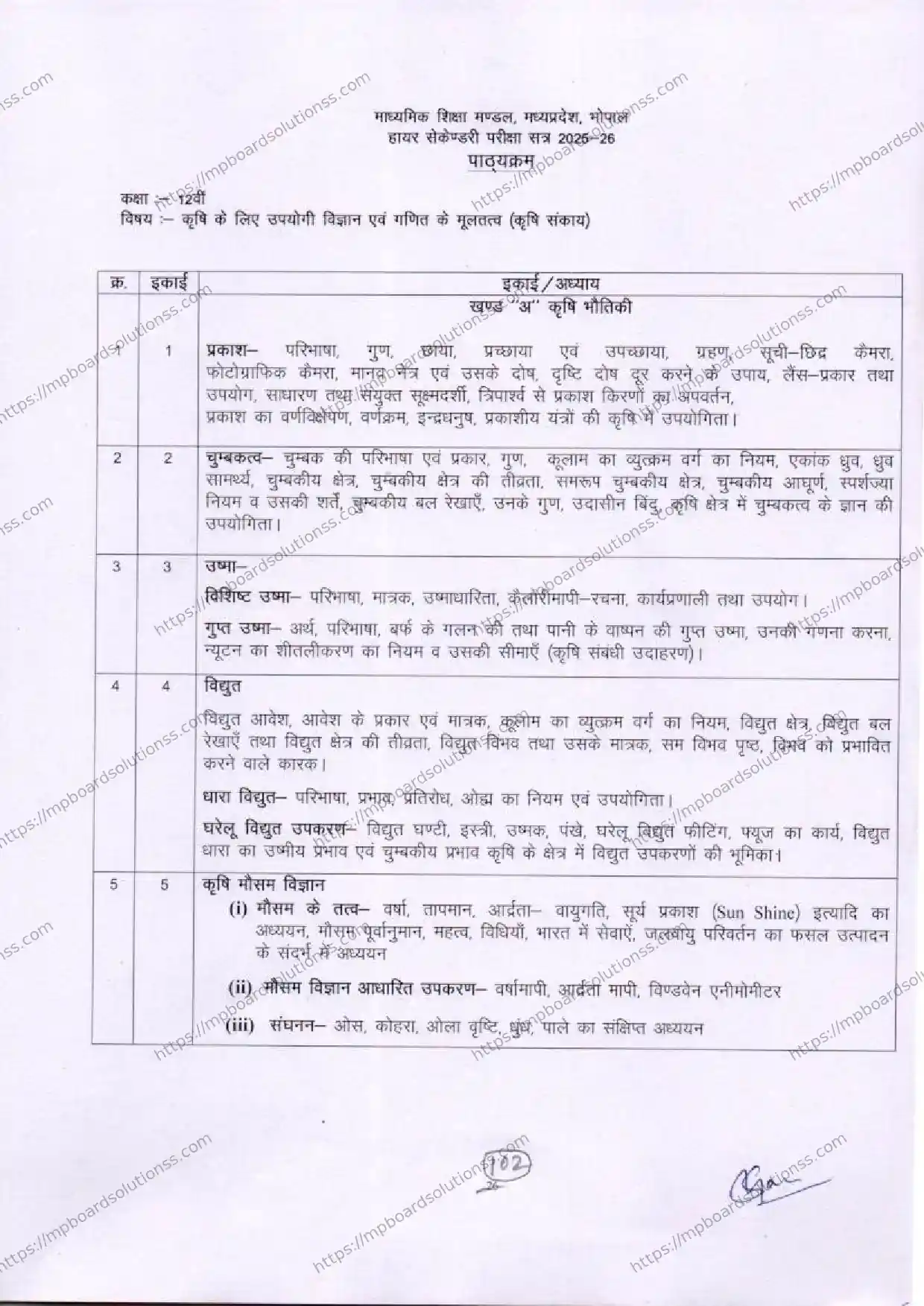 MP Board Class 12 Fundamentals of Science & Mathematics useful for Agriculture 2025-26 Syllabus Image 1