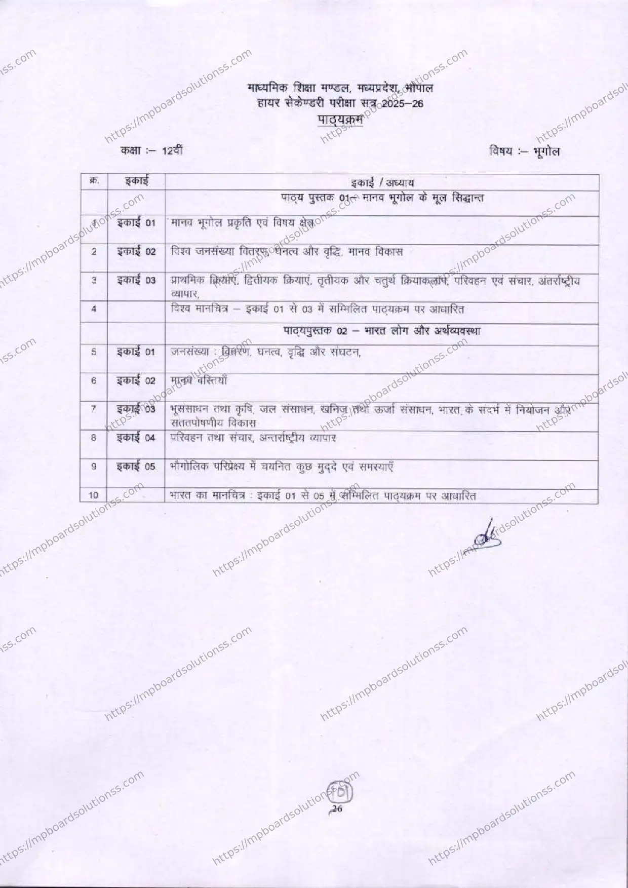 MP Board Class 12 Geograph 2025-26 Syllabus Image 1