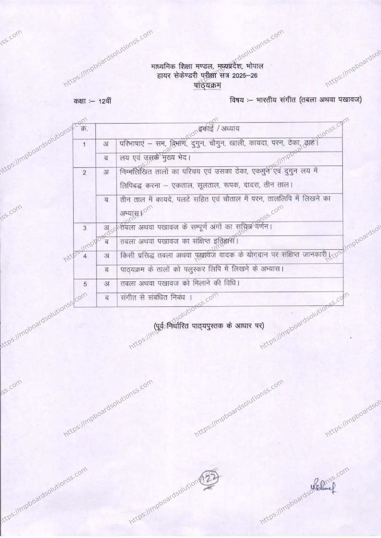MP Board Class 12 Indian Music (Tabla or Pakhawaj) 2025-26 Syllabus Image 1