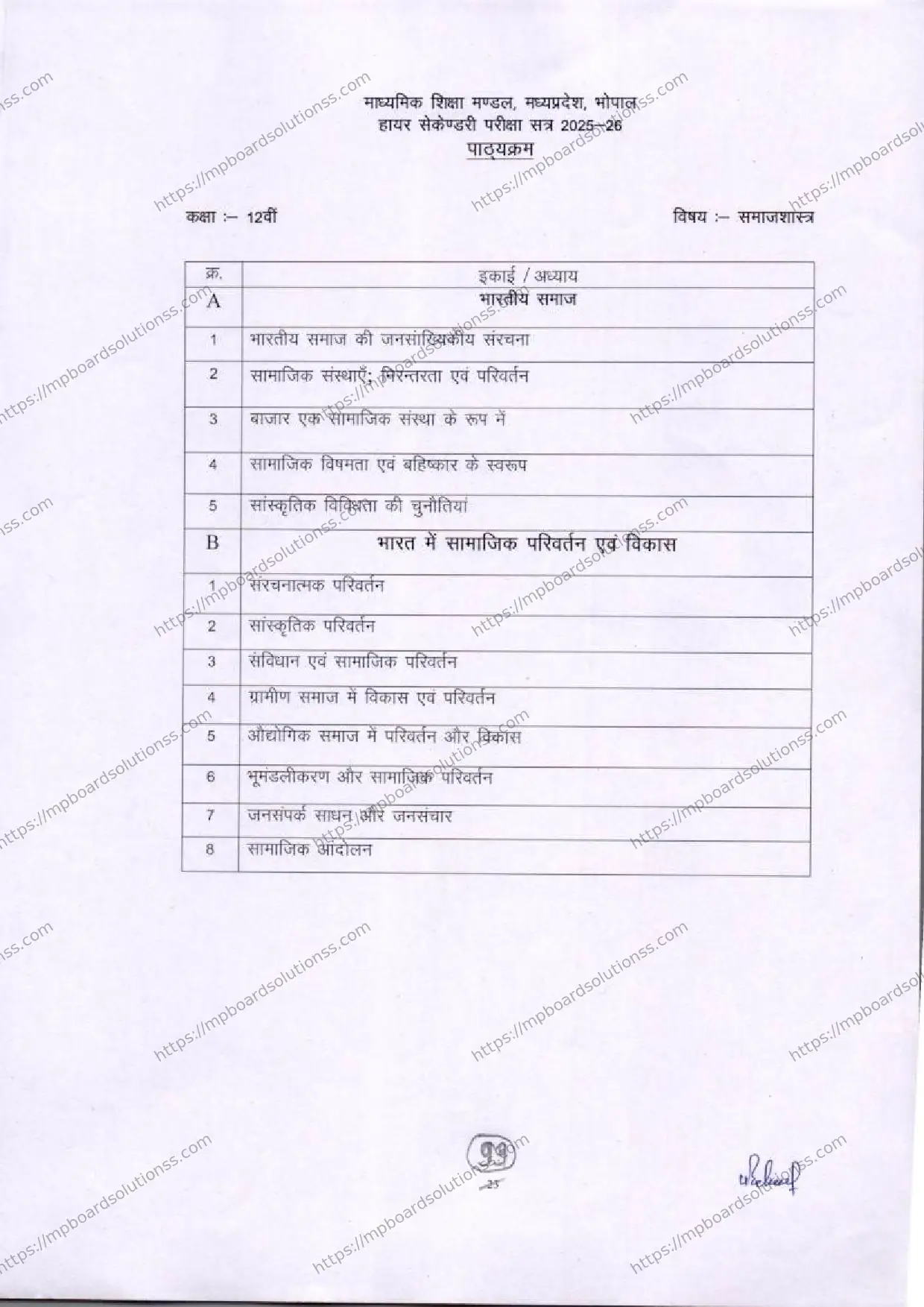 MP Board Class 12 Sociology 2025-26 Syllabus Image 1