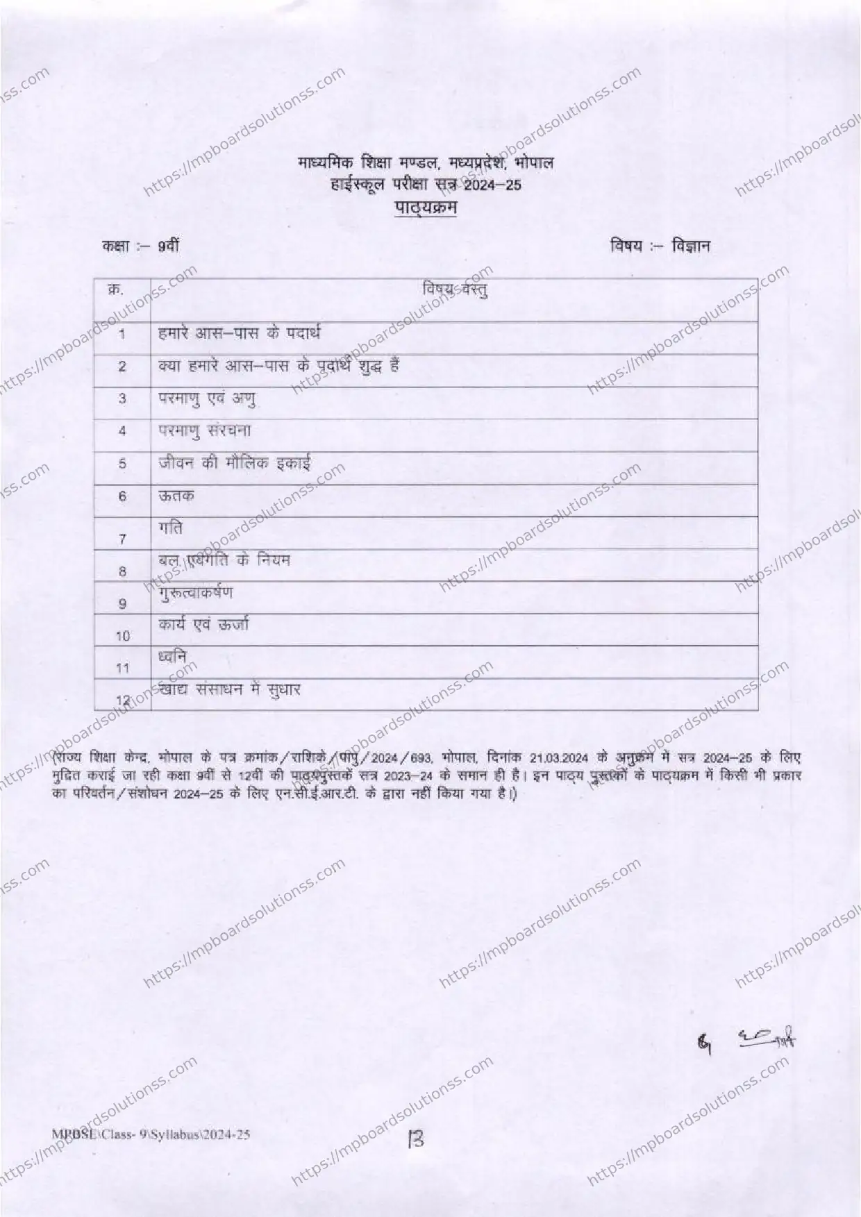 MP Board Class 9 Science 2024-25 Syllabus Image 2